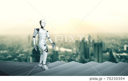 3D rendering robot humanoid walk up stair to success 3D rendering robot humanoid walk up stair to success 70230304