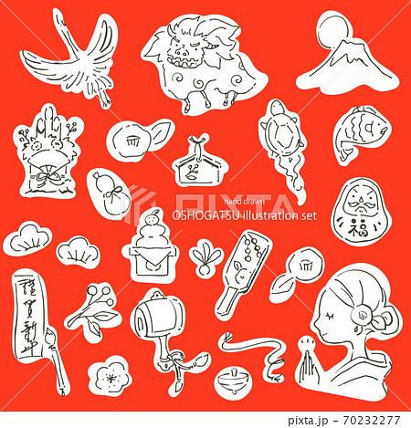 手描き線画のお正月の素材セット 70232277