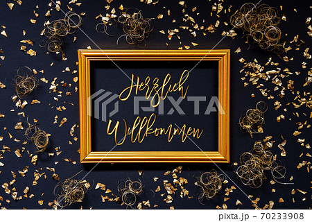Frame, Golden Glitter Christmas Decoration, Willkommen Means Welcome Frame, Golden Glitter Christmas Decoration, Willkommen Means Welcome 70233908