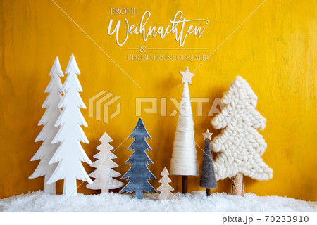 Christmas Trees, Snow, Yellow Background, Gutes Neues Means Happy New Year Christmas Trees, Snow, Yellow Background, Gutes Neues Means Happy New Year 70233910