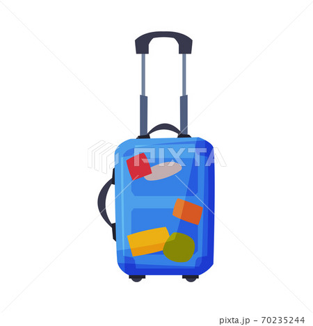Modern Plastic Suitcase on Wheels with Travel Stickers, Summer Vacation Object, Traveling and Tourism Vector Illustration on White Background 70235244