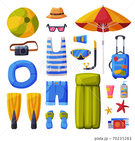 Summer Vacation Objects Collection, Suitcase, Shorts, Flippers, Flip Flops, Camera, Beach Umbrella, Traveling and Tourism Vector Illustration on White Background 70235263