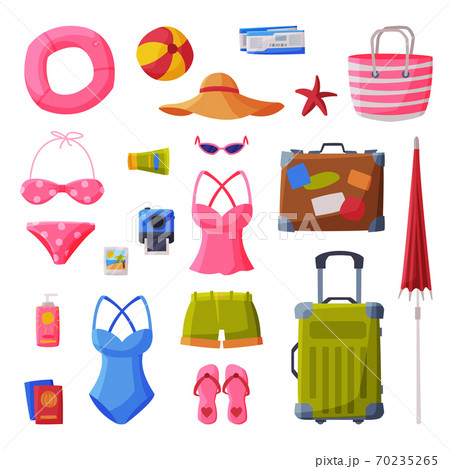 Summer Vacation Objects Collection, Swimsuit, Suitcase, Shorts, Flip Flops, Beach Bag, Straw Hat, Beach Umbrella, Traveling and Tourism Vector Illustration on White Background 70235265