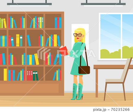 Student Girl Choosing Book in Library, Library Interior with Books on Wooden Bookshelves Flat Vector Illustration 70235266