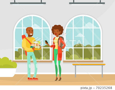 Cheerful University Students with Backpack and Books Standing in College or University Hallway Flat Vector Illustration 70235268