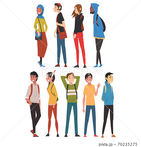 Cheerful Guys and Girls in Casual Clothes Collection, International College or University Students Characters Vector Illustration 70235275