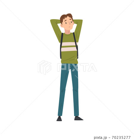 Chherful Guy in Casual Clothes Standing Throwing Hands Over Head, International College or University Student Character Vector Illustration 70235277
