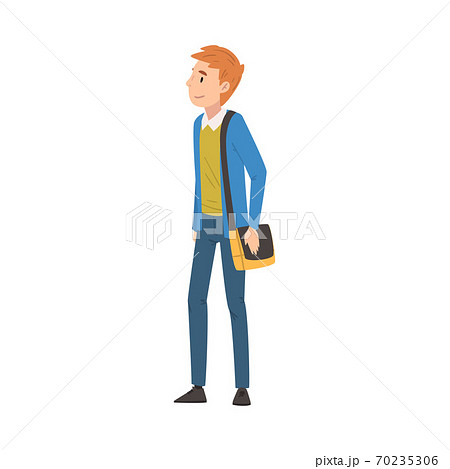 Redhead Guy in Casual Clothes Standing with Bag, International College or University Student Character Vector Illustration 70235306