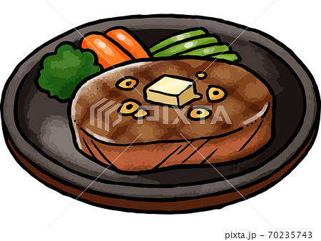 手描き食べ物イラスト 鉄板に乗ったステーキのイラストのイラスト素材