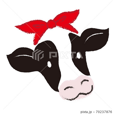 21年 丑年の年賀状素材 牛のかわいいイラスト 手描き風のリボンをつけた牛のイラスト素材