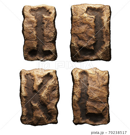 Set of rocky letters I, J, K, L. Font of stone on white background. 3d Set of rocky letters I, J, K, L. Font of stone on white background. 3d 70238517