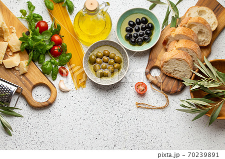 Ingredients and appetizers for Italian or mediterranean meal 70239891