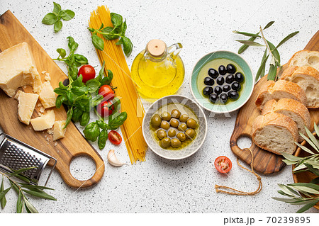 Ingredients and appetizers for Italian or mediterranean meal Ingredients and appetizers for Italian or mediterranean meal 70239895
