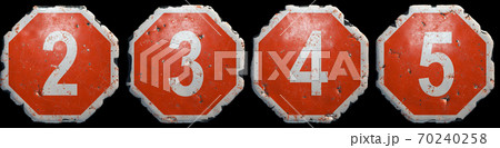 Set of numbers 2, 3, 4, 5 made of public road sign in red and white with a capital in the center isolated on black background. 3d Set of numbers 2, 3, 4, 5 made of public road sign in red and white with a capital in the center isolated on black background. 3d 70240258