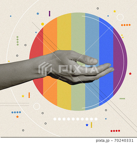 Art collage with human palm and LGBT flag. Pop art style. Zine culture. Lesbian Gay Bisexual Transgender. Rainbow love concept. Human rights and tolerance. 70240331