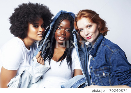 diverse multi nation girls group, teenage friends company cheerful having fun, happy smiling, cute posing isolated on white background, lifestyle people concept, african-american and caucasian 70240374