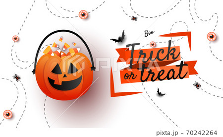Happy Halloween banner. Jack O lantern pumpkins bucket with candy sweet, bats on white background with text Happy Halloween banner. Jack O lantern pumpkins bucket with candy sweet, bats on white background with text 70242264