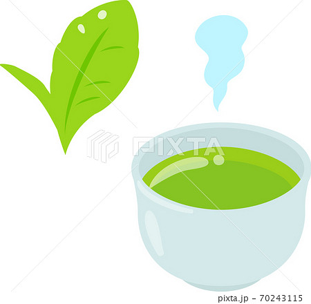 湯呑みに入った緑茶と茶の葉のイラスト素材