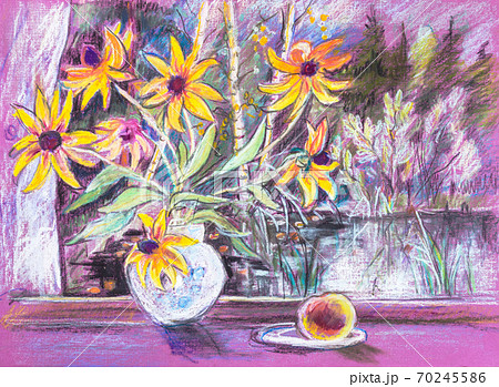 bouguet of yellow flowers on windowsill 70245586