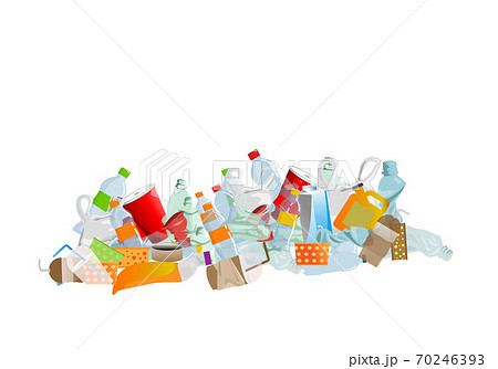 A pile of plastic waste on a white background consists of plastic bottles, boxes and plastic glasses. Garbage pollution illustration 70246393