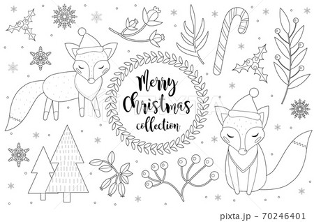 Cute little fox set Coloring book page for kids. Collection of design element sketch outline style. Kids baby clip art funny smiling kit. Vector illustration 70246401