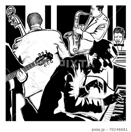 Jazz band with guitar, double bass, piano, saxophone and keyboard Jazz band with guitar, double bass, piano, saxophone and keyboard 70246681