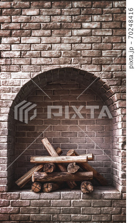 wood log fireplace brick interior background wood log fireplace brick interior background 70248416