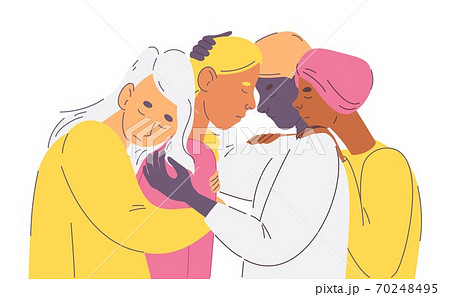 Young female friends supporting girl in hard moment. Concept illustration with close characters hugging each others. Closed eyes. Various races Young female friends supporting girl in hard moment. Concept illustration with close characters hugging each others. Closed eyes. Various races 70248495