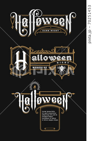 Halloween vintage font. Set emblem in the old style on a dark background. Vector illustration. Halloween vintage font. Set emblem in the old style on a dark background. Vector illustration. 70251453