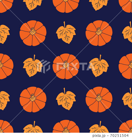 Pumpkins and leaves on deep blue color background. Seamless vector pattern. Fall illustrations for creative decorations, postcards, banners, gift paper, modern prints, fabrics, textiles. Top view. 70251504