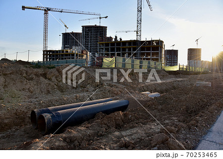 Sewer pipes for laying an external sewage system at a construction site. Sewer pipes for laying an external sewage system at a construction site. 70253465