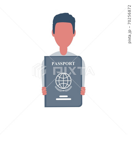 Businessman or clerk holds a passport. Male character in trendy simple style with objects, flat 70256872