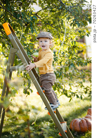Little boy on the stairs in the garden 70263427