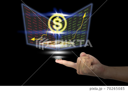 Coin on the finger with icon dollar and chart 70265085