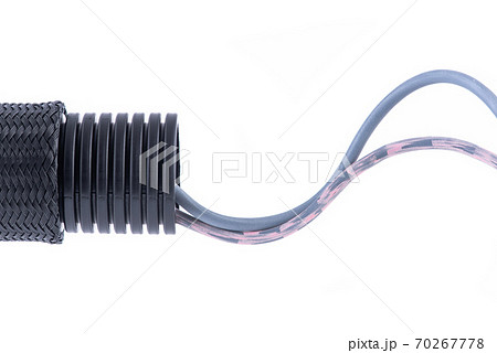 Corrugated Pipe with Cables Isolated on White Background, Home Electrical Installation Corrugated Pipe with Cables Isolated on White Background, Home Electrical Installation 70267778