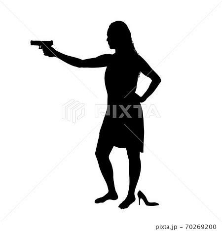 Girl shooting, female isolated silhouette. Beautiful woman spy in shootout. Heroine stands and aims 70269200