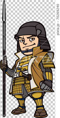槍を持って立つ兜を被った戦国武将　その2【3頭身・金色】 70269240