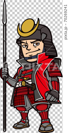 槍を持って立つ兜を被った戦国武将【3頭身・赤色】 70269241