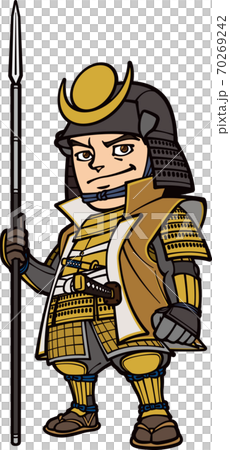 槍を持って立つ兜を被った戦国武将【3頭身・金色】 70269242