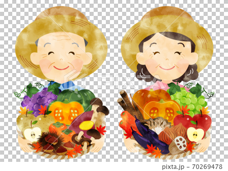 水彩 秋野菜と果物を持つ、麦わら帽子の老夫婦 70269478
