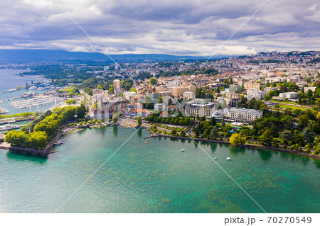 Swiss city of Lausanne on Lake Leman in summer 70270549