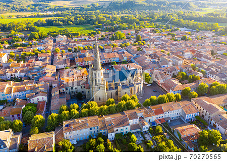 Aerial view of Mirepoix town overlooking Cathedral, France 70270565