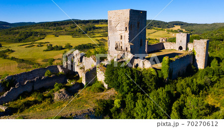 View of medieval Puivert castle. Languedoc-Roussillon region 70270612