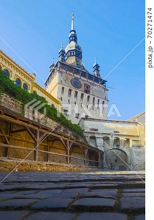 View of clock tower from fortress square in Sighisoara 70271474