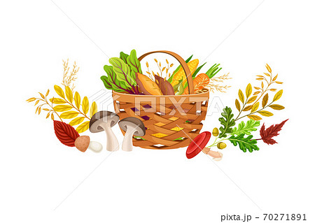 Wickered Basket Full of Agricultural Crops and Autumn Foliage Vector Composition 70271891