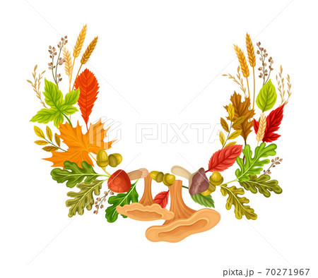 Autumn Foliage with Mushroom and Acorn Semicircular Vector Composition Autumn Foliage with Mushroom and Acorn Semicircular Vector Composition 70271967