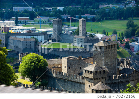 Two Bellinzona Castles on Alpine foothills in Switzerland Two Bellinzona Castles on Alpine foothills in Switzerland 70272156