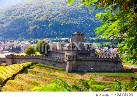 Medieval castle of Montebello on summer day. Bellinzona. Switzerland Medieval castle of Montebello on summer day. Bellinzona. Switzerland 70273259