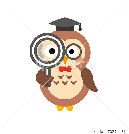 虫眼鏡をのぞくフクロウ博士のイラスト素材