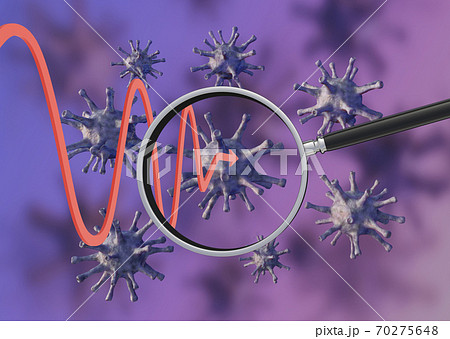 view viruses under a magnifying glass with curved red arrow. Illustration of Coronavirus cells, 3d render view viruses under a magnifying glass with curved red arrow. Illustration of Coronavirus cells, 3d render 70275648